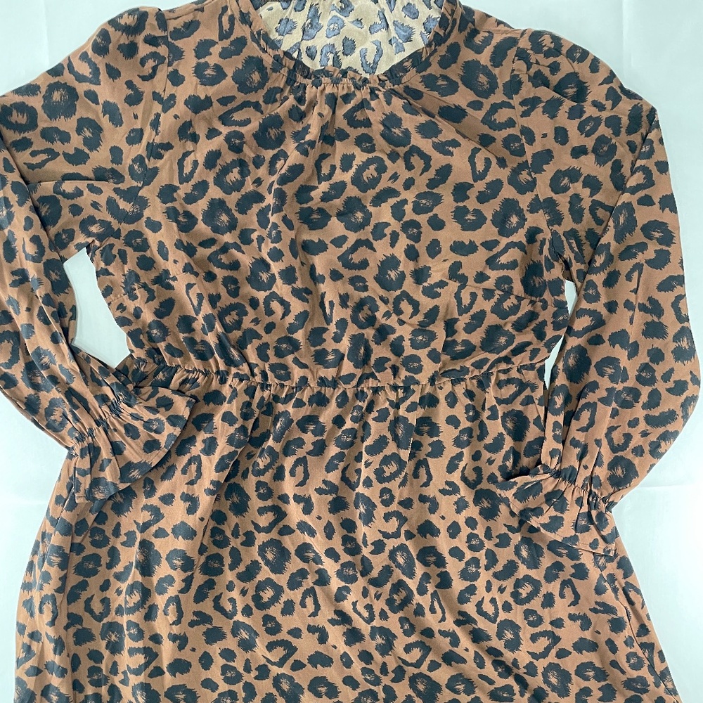Bloomchic Leopard Print Long Sleeve Ruffle Hem Dress Brown Black - Size UK 18